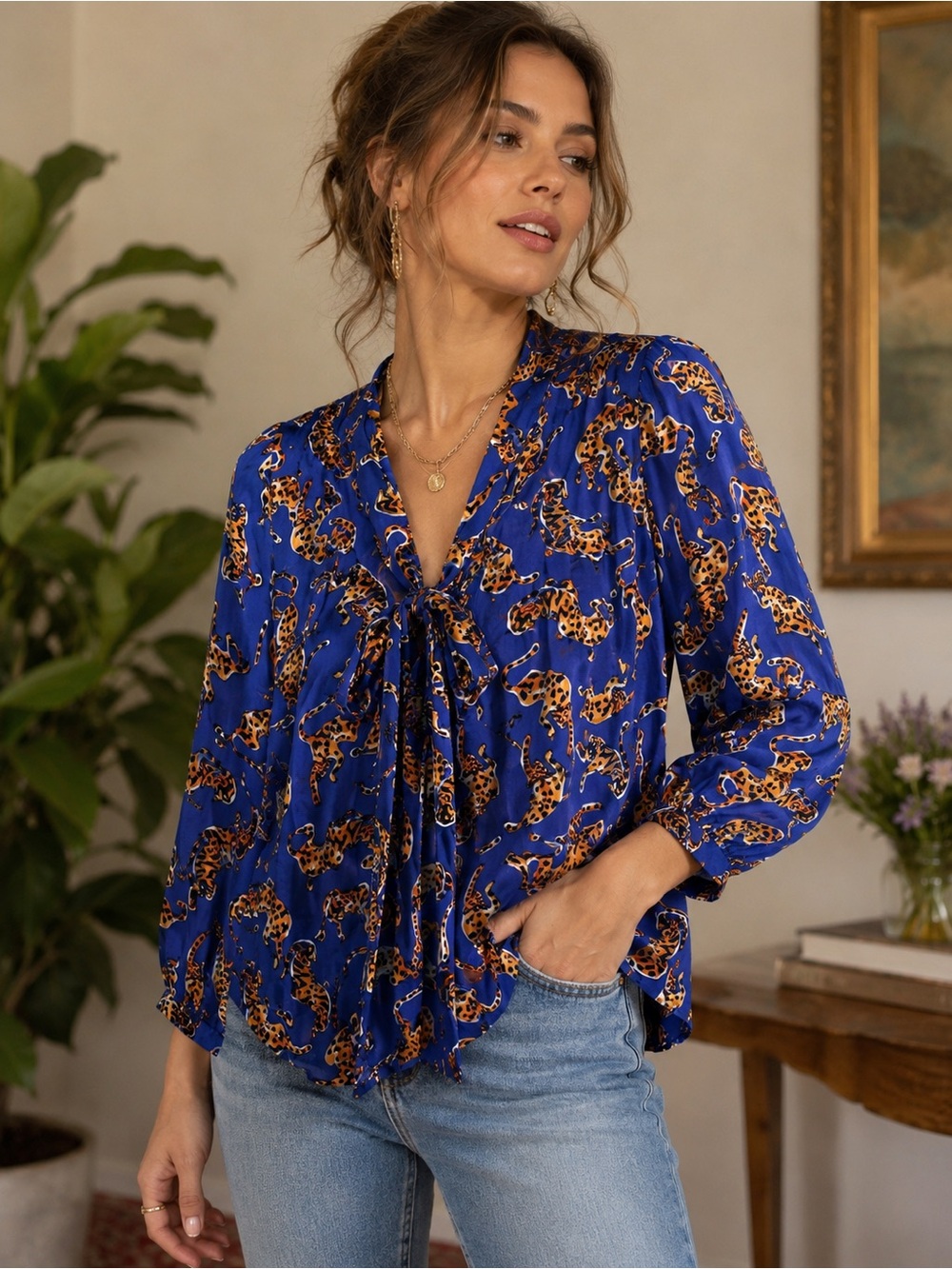 Anthropologie Royal Blue Leopard-Print Tie-Neck Blouse